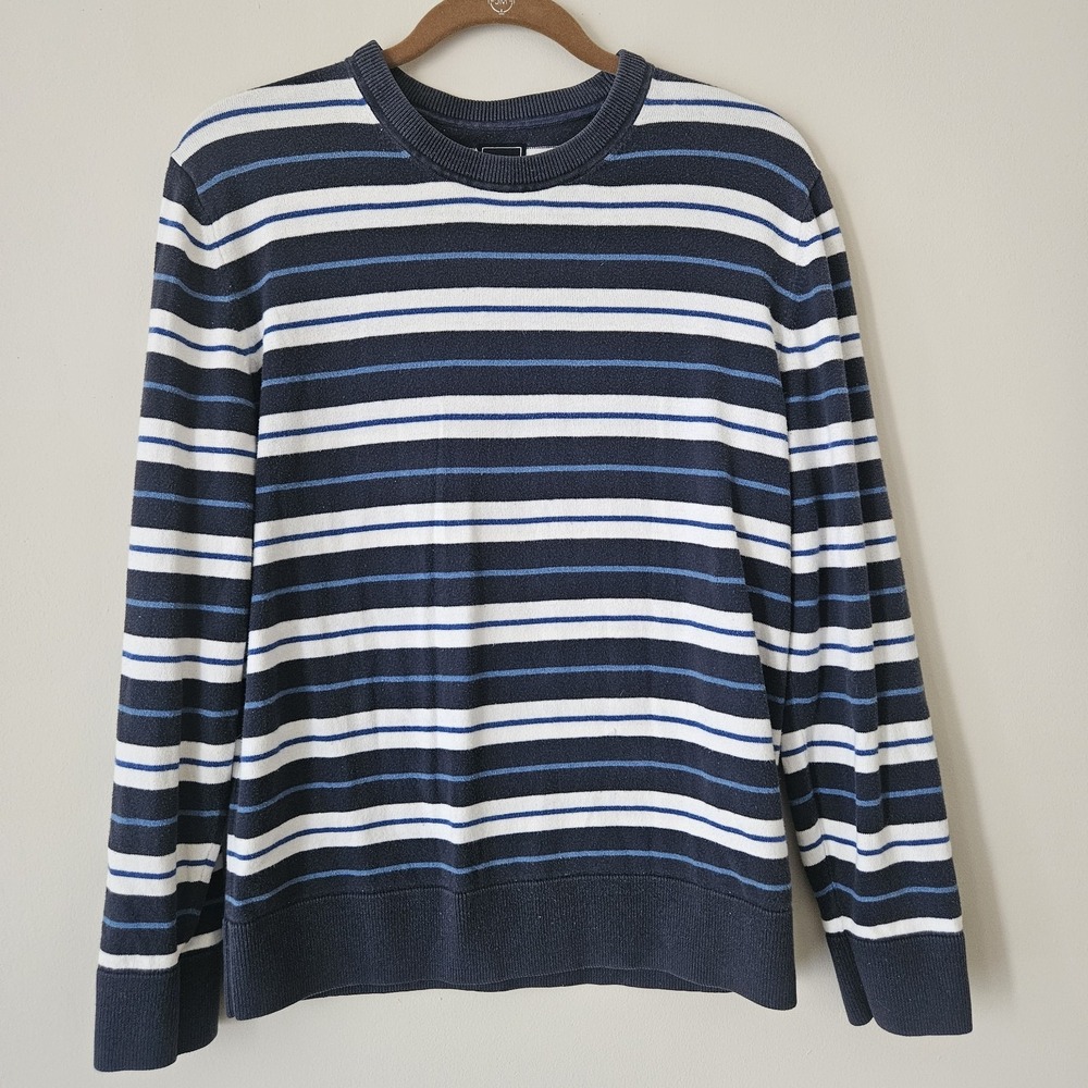 Men's Navy Blue‎ White Striped GAP Crewneck Pullover Sweater Casual Nautical